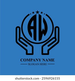 AW initials held within hands, symbolizing trust and protection. The circle represents unity, while stars highlight excellence and ambition.