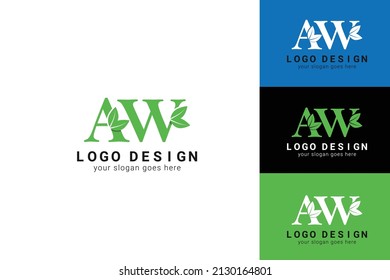 AW letters eco logo with leaf. Vector typeface for nature posters, eco friendly emblem, vegan identity, herbal and botanical cards etc. Ecology AW letters logo with green leaf.