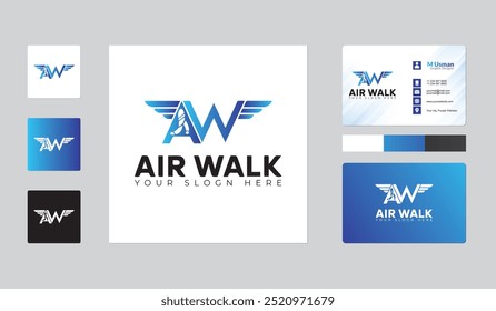 AW logo and business card, air traveling logo and business card, blue wings