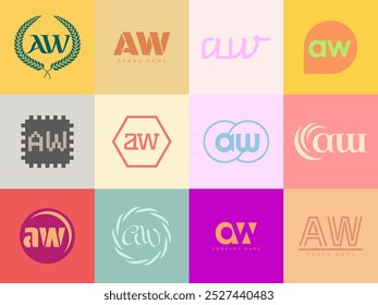 AW logo company template. Letter a and w logotype. Set different classic serif lettering and modern bold text with design elements. Initial font typography. Collection trendy business identity.