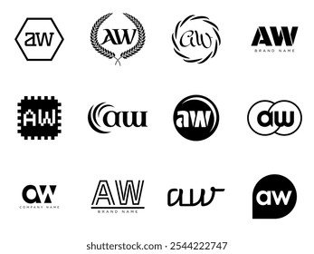 AW logo company template. Letter a and w logotype. Set different classic serif lettering and modern bold text with design elements. Initial font typography. Collection trendy business identity.