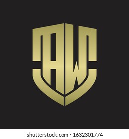 AW Logo monogram with emblem shield shape design isolated gold colors on black background