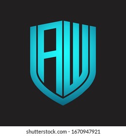 AW Logo monogram with emblem shield design isolated with blue colors on black background