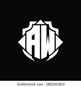 AW logo monogram with shield line and 3 arrows shape design template on black background