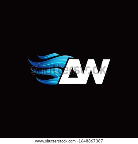 AW monogram logo with blue fire style design template