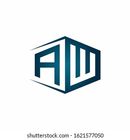 AW monogram logo with hexagon shape and negative space style ribbon design template