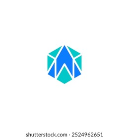 Logotipo monográfico A-W em forma de hexágono, de cor azul e verde. Logotipo AW.