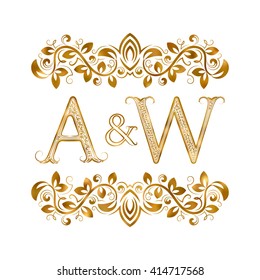 A&W vintage initials logo symbol. Letters A, W, ampersand surrounded floral ornament. Wedding or business partners initials monogram in royal style.