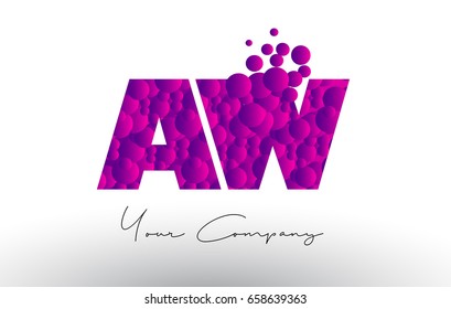 AW A W Dots Letter Logo with Purple Pink Magenta Bubbles Texture Vector.