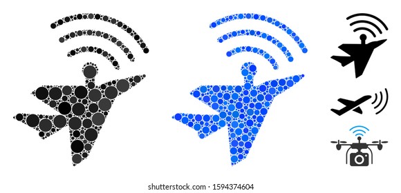 Awacs aircraft composition of round dots in variable sizes and color tinges, based on awacs aircraft icon. Vector round elements are organized into blue composition.