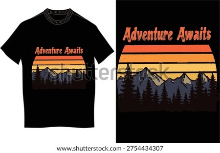 “Adventure Awaits Retro Sunset Mountain T-Shirt Design – Vintage Outdoor Travel Typography Illustration”