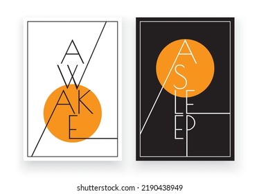 Awake and asleep, vector. Minimalist poster design in two pieces. Contrast day and night. Typographic modern art design