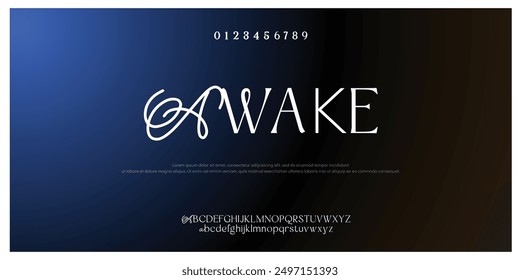 Awake elegant Font Uppercase Lowercase and Number. Classic Lettering Minimal Fashion Designs. Typography modern serif fonts regular decorative vintage concept. vector illustration
