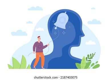 Awake inner mind. Aware action human self consciousness reflect thinking and belief in purpose, psychotherapy concept bell inside head vision knowledge vector illustration of conscious understanding