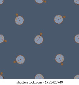 Awake reminder seamless pattern with doodle timer clock print. Navy blue pale background. Doodle print. Decorative backdrop for fabric design, textile print, wrapping, cover. Vector illustration.