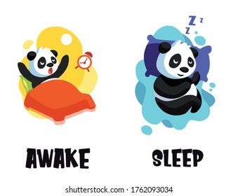 Awake and sleep opposite adjectives Illustration of panda.