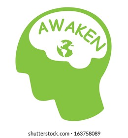 awaken ecology concept, green silhouette head with word green and earth 