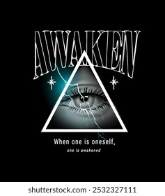 awaken slogan with woman's eye in triangle frame vector illustration