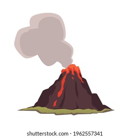 An awakened volcano. Dangerous volcanic eruption with smoke and flowing down lava. Flat cartoon vector isolated illustration.