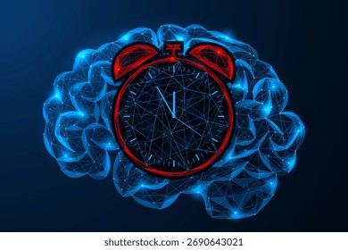 O despertar da inteligência artificial. Um cérebro humano com um despertador. O conceito de consciência, ativação do pensamento ou biorritmos internos.