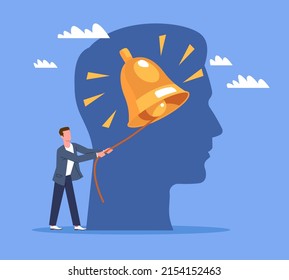 Awakening of inner consciousness. Self awareness and personality, sharp thinking, man ringing the bell in brain. Therapy and psychotherapy metaphor, vector cartoon flat isolated concept