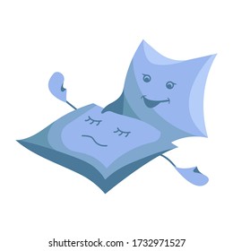 Awakening two pillows in a flat design. Cute cartoon characters on an isolated white background. Vector stock illustration.
