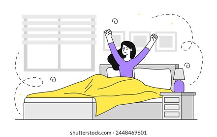 Awakening woman linear. Young girl wake up at morning. Character stretching at bed. Rest and relaxation indoors. Comfortable bedroom. Doodle flat vector illustration isolated on white background