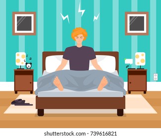 Awaking in bad mood young man vector illustration. Boy listening to alarm clock while sitting in bed with eyes closed. Bedroom interior. Flat style design.