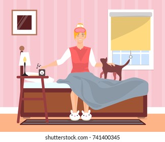 Awaking in good mood young girl vector illustration. Girl stopping alarm clock and petting her kitten while sitting in bed with eyes closed. Bedroom interior. Flat style design.