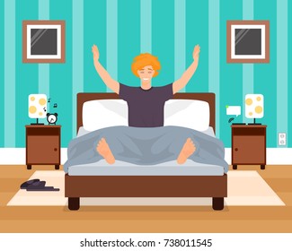 Awaking in good mood young man vector illustration. Boy sitting in bed with eyes closed and arms raised. Bedroom interior. Flat style design.