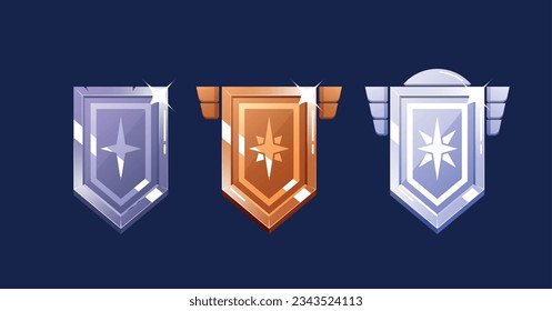 Insignias De Logro De Premios, Iconos Ui O Gui De Nivel De Juego. Banderas O Escudos De Hierro, Bronce Y Plata Con Alas Y Estrellas