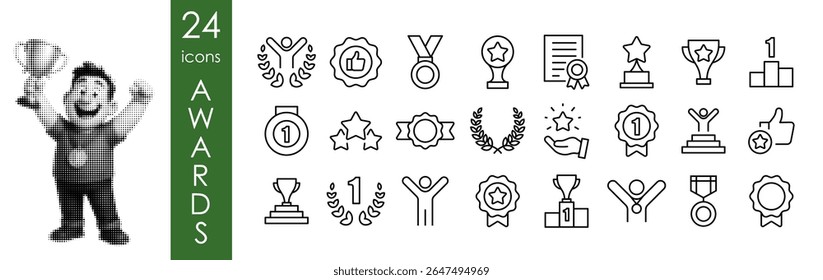 Award and Achievement Icon Set with Halftone Winner – 24 Trophy and Medal Vector Symbols