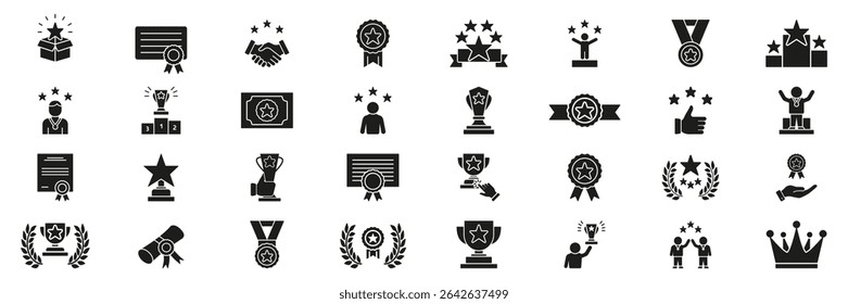 Prêmio E Conquista Sólido Conjunto De Ícones. Coleção de Símbolos de Silhueta de Reconhecimento, Sucesso e Excelência. Troféus, Medalhas, Certificados, Coroas Representando Realização. Ilustração de vetor isolada.