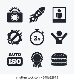 Award achievement, spanner and cog, startup rocket and burger. Photo camera icon. Flash light and Auto ISO symbols. Stopwatch timer 2 seconds sign. Human portrait photo frame. Flat icons.