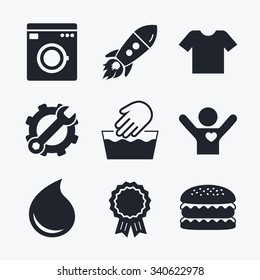 Award achievement, spanner and cog, startup rocket and burger. Wash machine icon. Hand wash. T-shirt clothes symbol. Laundry washhouse and water drop signs. Not machine washable. Flat icons.