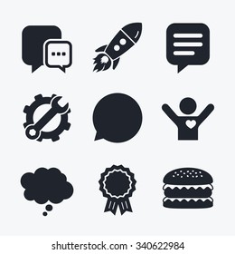 Award achievement, spanner and cog, startup rocket and burger. Chat icons. Comic speech bubble signs. Communication think symbol. Flat icons.