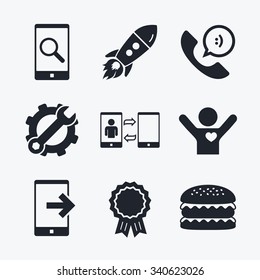 Award achievement, spanner and cog, startup rocket and burger. Phone icons. Smartphone with speech bubble sign. Call center support symbol. Synchronization symbol. Flat icons.