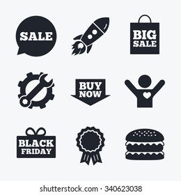 Award achievement, spanner and cog, startup rocket and burger. Sale speech bubble icons. Buy now arrow symbols. Black friday gift box signs. Big sale shopping bag. Flat icons.