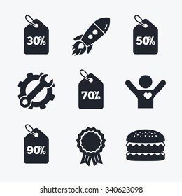 Award achievement, spanner and cog, startup rocket and burger. Sale price tag icons. Discount special offer symbols. 30%, 50%, 70% and 90% percent discount signs. Flat icons.