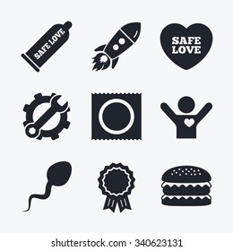 Award achievement, spanner and cog, startup rocket and burger. Safe sex love icons. Condom and package symbol. Sperm sign. Fertilization or insemination. Flat icons.