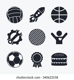 Award achievement, spanner and cog, startup rocket and burger. Sport balls icons. Volleyball, Basketball, Soccer and Golf signs. Team sport games. Flat icons.