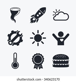 Award achievement, spanner and cog, startup rocket and burger. Weather icons. Cloud and sun signs. Storm symbol. Thermometer temperature sign. Flat icons.
