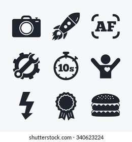 Award achievement, spanner and cog, startup rocket and burger. Photo camera icon. Flash light and autofocus AF symbols. Stopwatch timer 10 seconds sign. Flat icons.