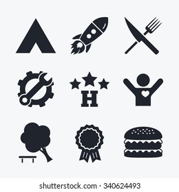 Award achievement, spanner and cog, startup rocket and burger. Food, hotel, camping tent and tree icons. Knife and fork. Break down tree. Road signs. Flat icons.