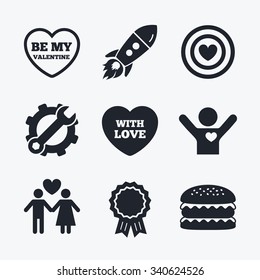Award achievement, spanner and cog, startup rocket and burger. Valentine day love icons. Target aim with heart symbol. Couple lovers sign. Flat icons.