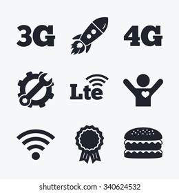 Award achievement, spanner and cog, startup rocket and burger. Mobile telecommunications icons. 3G, 4G and LTE technology symbols. Wi-fi Wireless and Long-Term evolution signs. Flat icons.