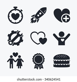 Award achievement, spanner and cog, startup rocket and burger. Valentine day love icons. Love heart timer symbol. Couple lovers sign. Add new love relationship. Flat icons.