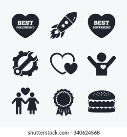 Award achievement, spanner and cog, startup rocket and burger. Valentine day love icons. Best girlfriend and boyfriend symbol. Couple lovers sign. Flat icons.