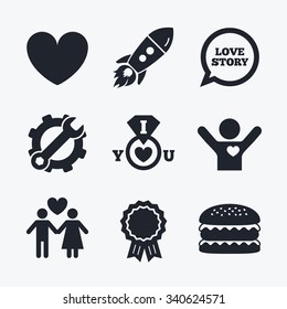Award achievement, spanner and cog, startup rocket and burger. Valentine day love icons. I love you ring symbol. Couple lovers sign. Love story speech bubble. Flat icons.
