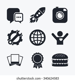 Award achievement, spanner and cog, startup rocket and burger. Social media icons. Chat speech bubble and world globe symbols. Hipster photo camera sign. Photo frames. Flat icons.